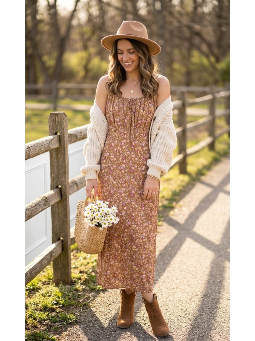 Old Navy Rustic Ditsy Floral Cami Midi Slip Dress Cottagecore Boho Mustard XS
